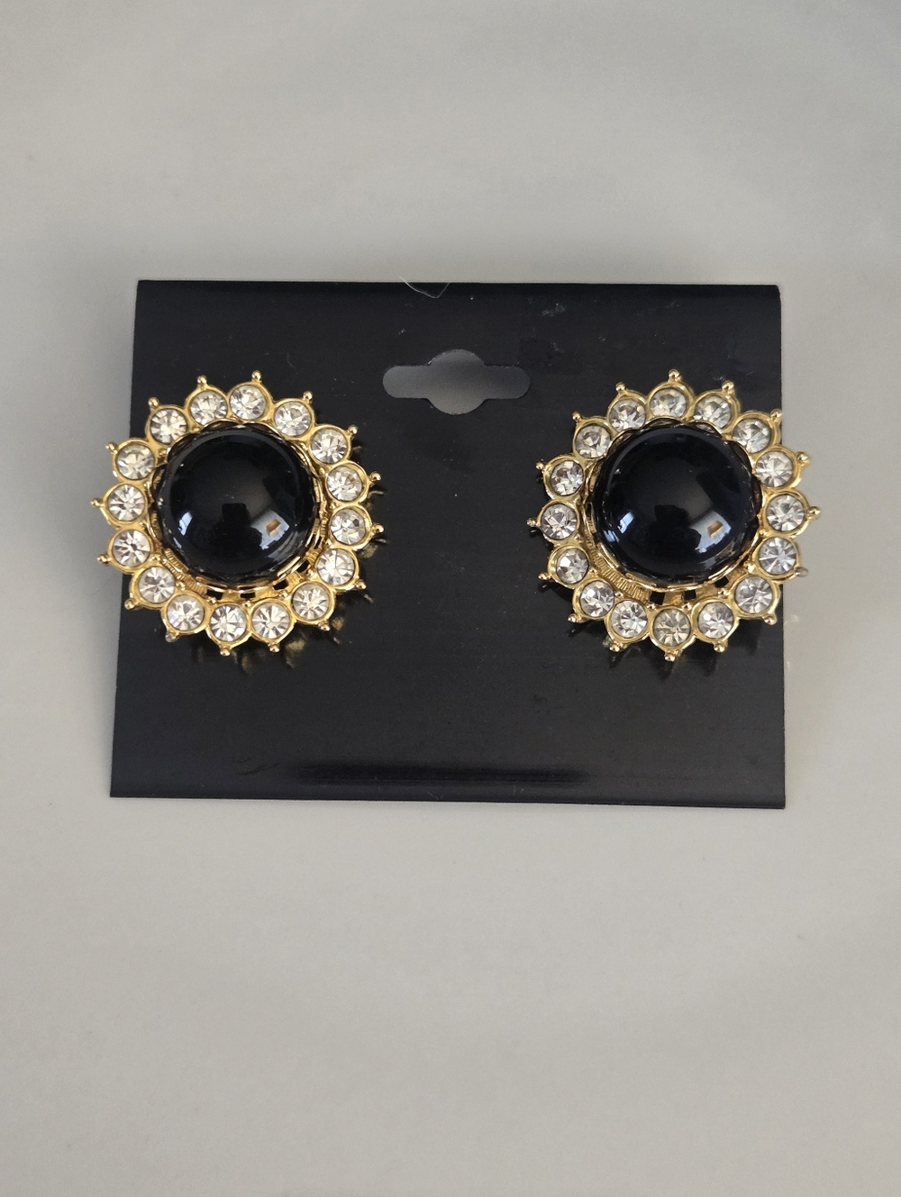 Black Cabochon Halo Rhinestone Stud Earrings - Picture 2 of 5